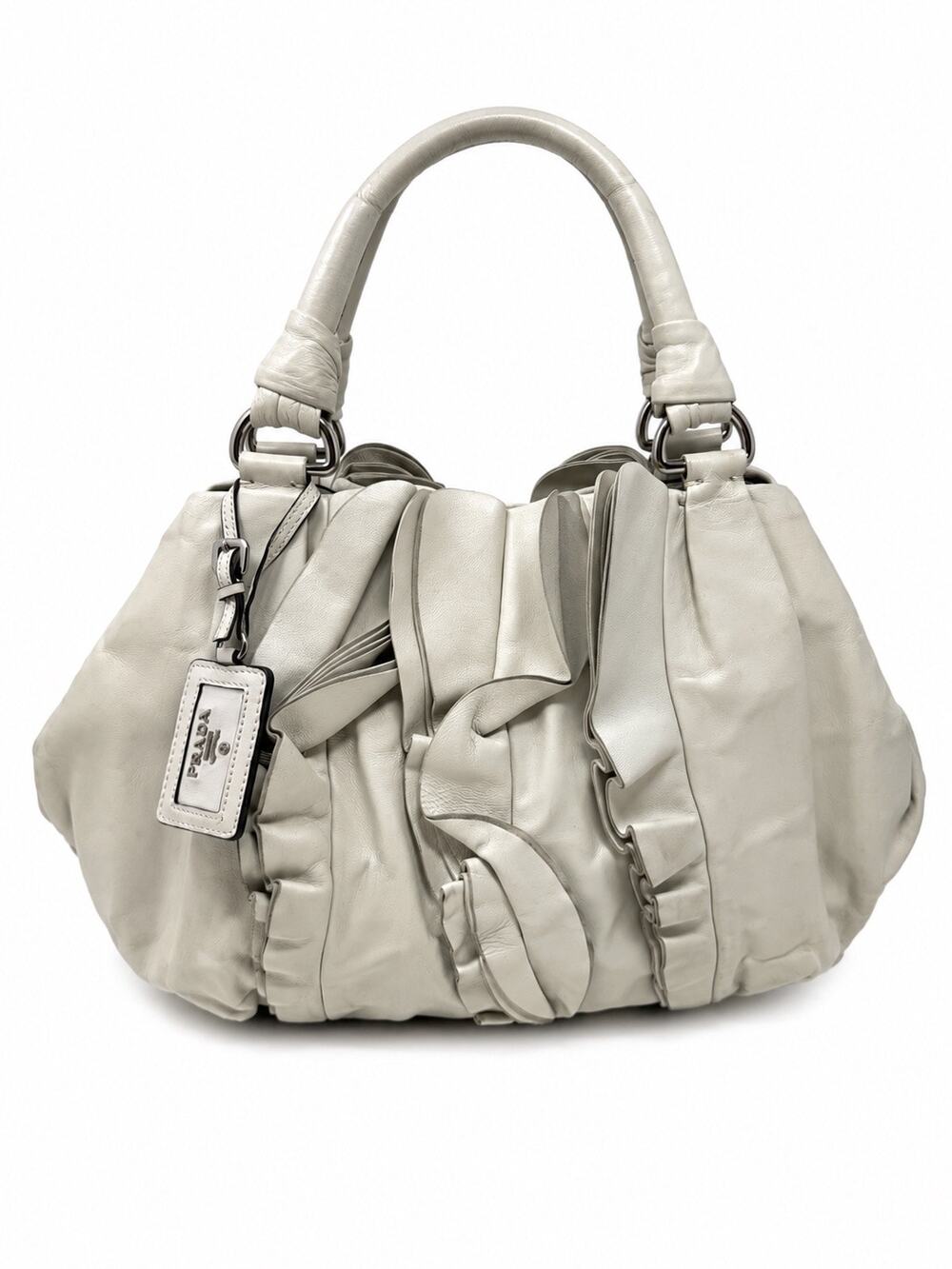 Prada White Nappa Leather Ruffle Shoulder Bag w COA